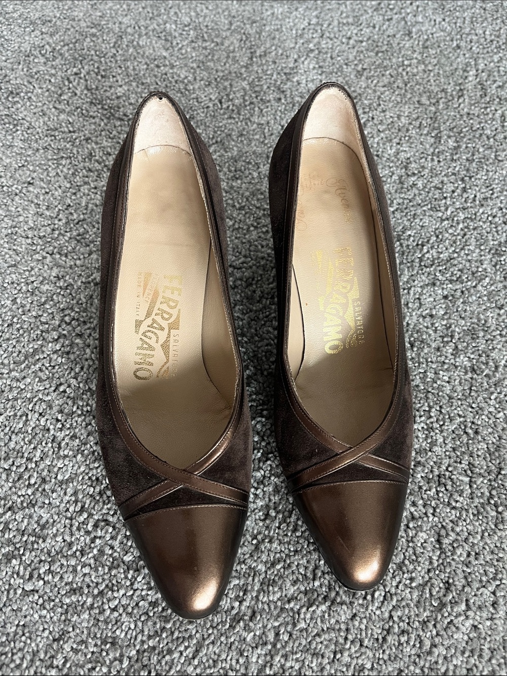 Salvatore Ferragamo Chocolate Brown Leather & Suede Pointed Toe Pumps